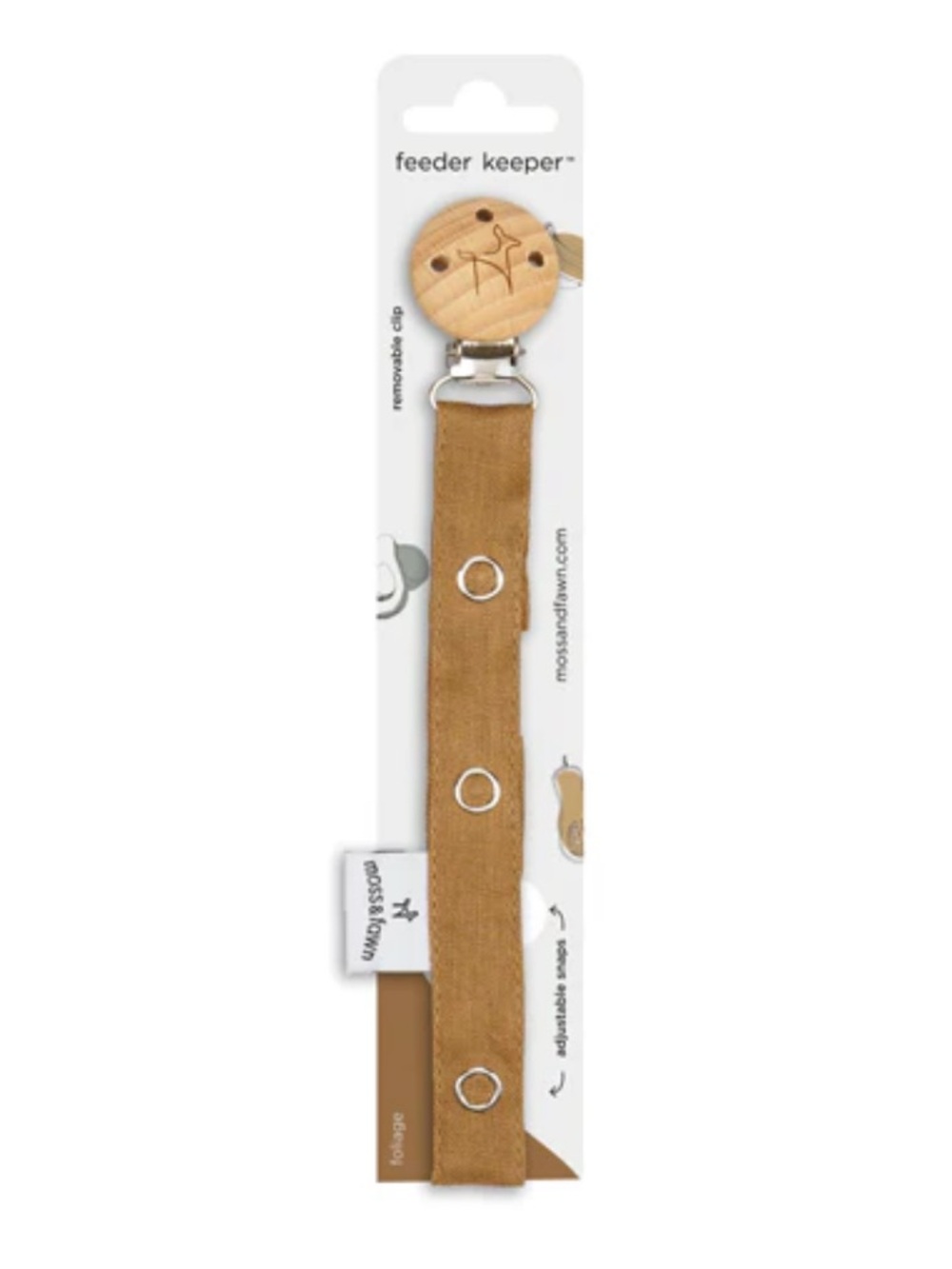 Moss & Fawn NWT Feeder Keeper Removable Wood linen Pacifier Bark
